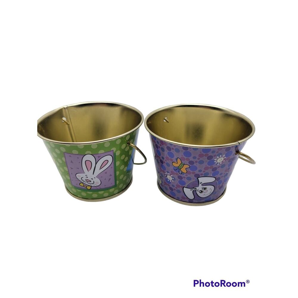 2 Springtime Easter Bunny Garden Galvanized Steel MINI Bucket Decoration Planter